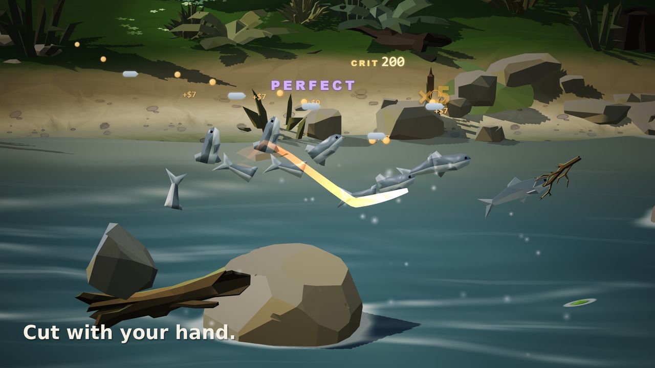 One swipe cuts through a school of salmon while a log and a branch rise with them.
