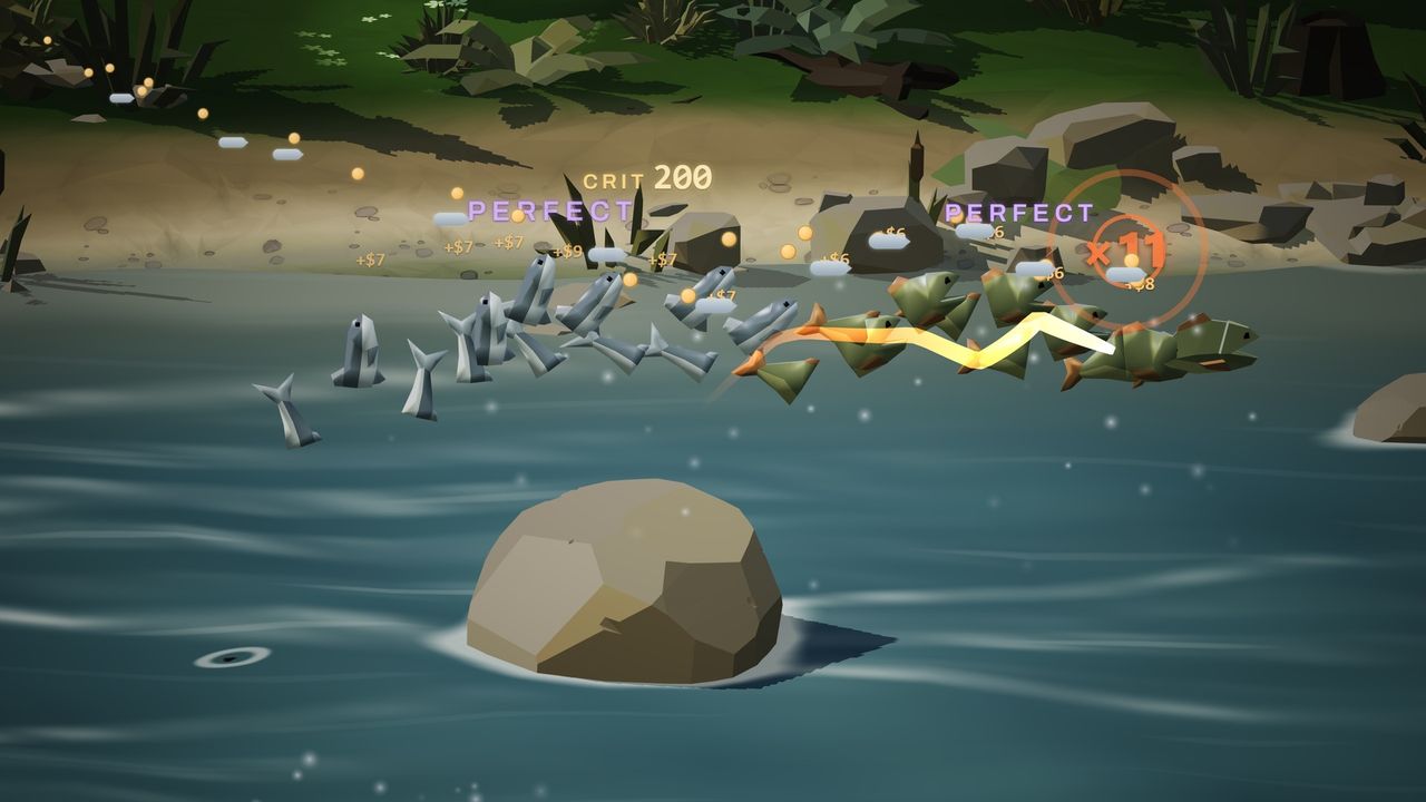 A lightning cut chains through a school of salmon for an 11-hit combo.
