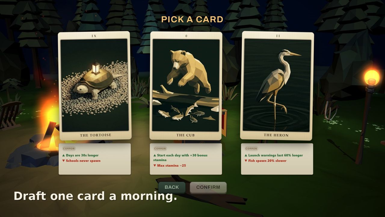 Choosing one of three cards to draft at the campfire.