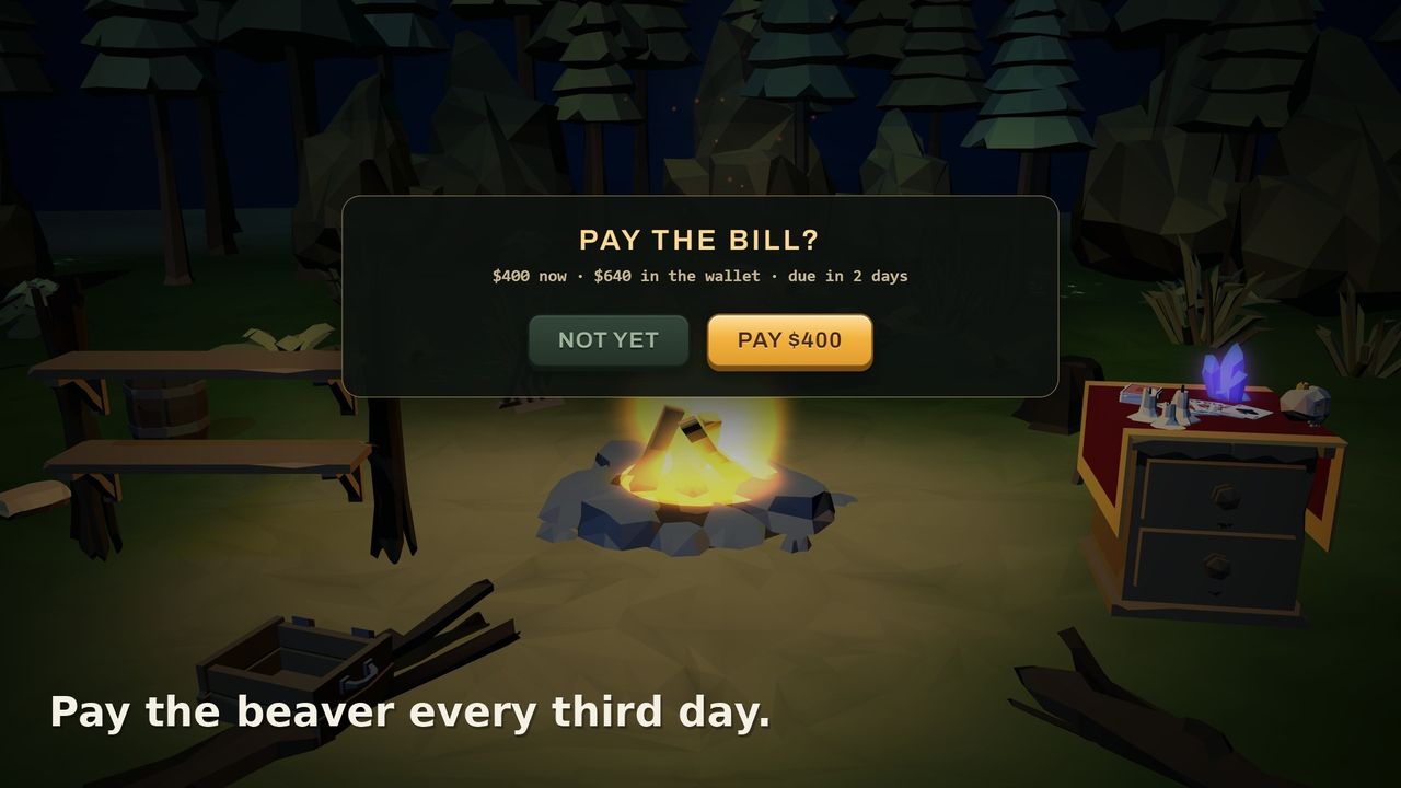 The bill screen asks whether to pay $400 now, with the bill due in two days.