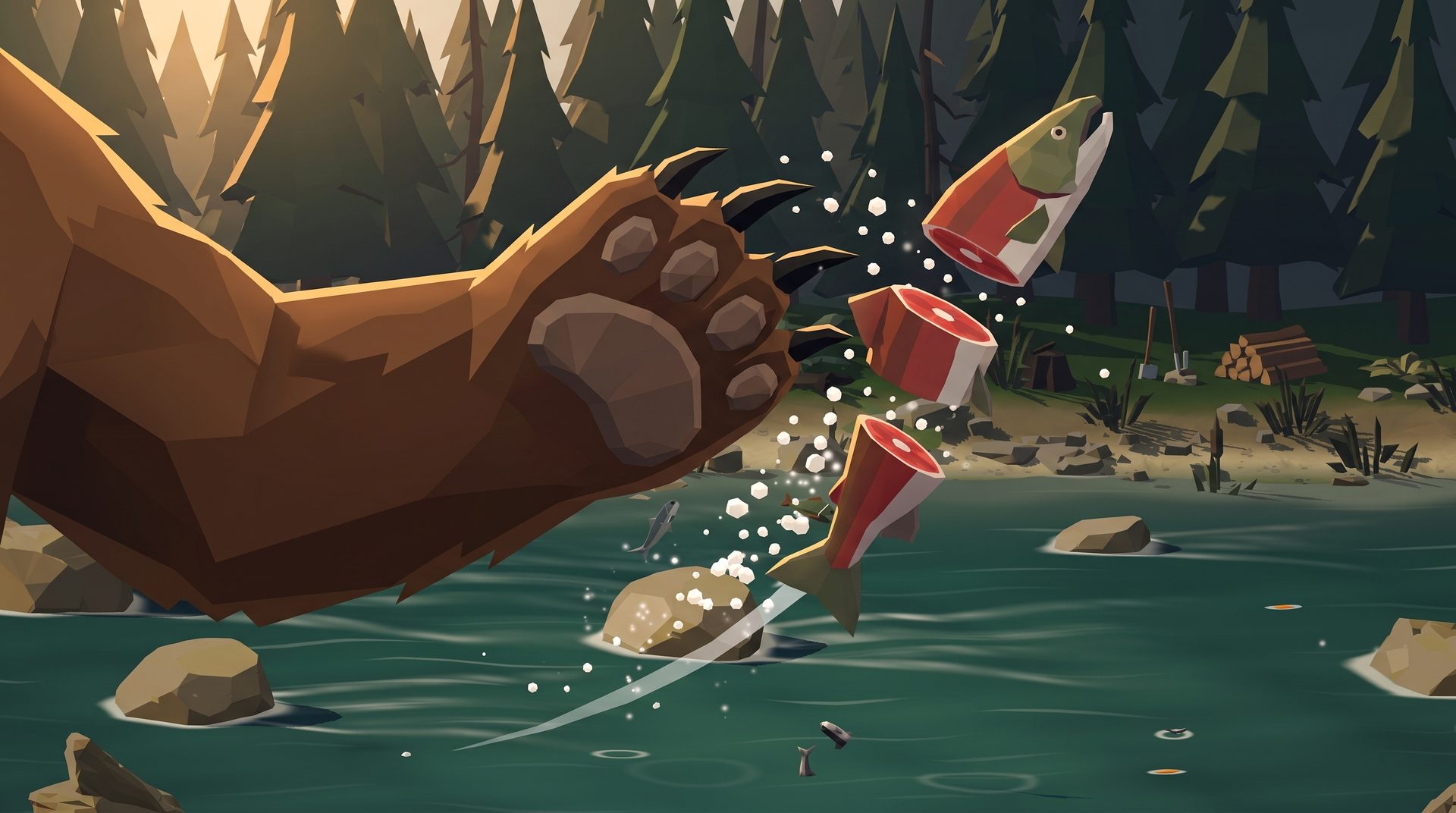 A bear's paw slices a leaping salmon into three pieces above a forest river.